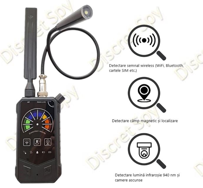 Detector 3-în-1 Anti-Spion DE012 – camere ascunse, semnale RF și GPS cu magnet, IR940, vibrație, sensibilitate reglabilă - imagine 8
