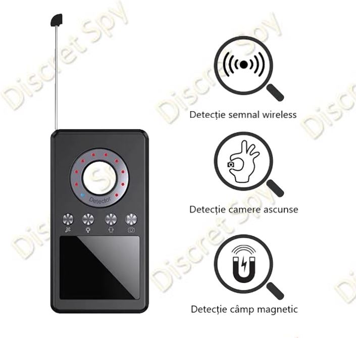 Detector anti-spionaj DE02 – 3-în-1: camere ascunse, semnale RF, magnet GPS - imagine 9
