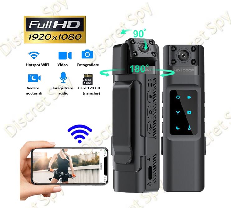 Cameră corporală L13 Wi-Fi, 1080p, Night Vision, 7–10h, lentilă rotativă