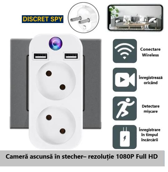 Cameră spion Wi-Fi 1080p ascunsă în adaptor de priză dublu cu USB – supraveghere discretă, non-stop - imagine 9