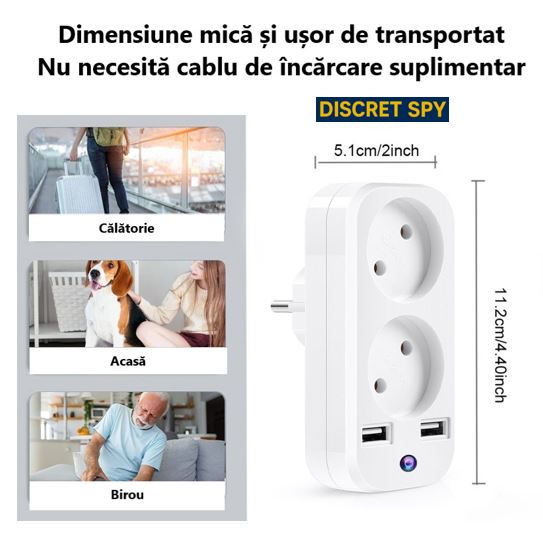 Cameră spion Wi-Fi 1080p ascunsă în adaptor de priză dublu cu USB – supraveghere discretă, non-stop - imagine 8