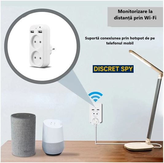 Cameră spion Wi-Fi 1080p ascunsă în adaptor de priză dublu cu USB – supraveghere discretă, non-stop - imagine 6