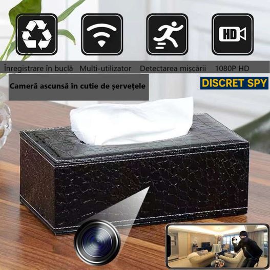 Cameră WiFi 1080p ascunsă în cutie de șervețele – monitorizare discretă cu detecție la mișcare