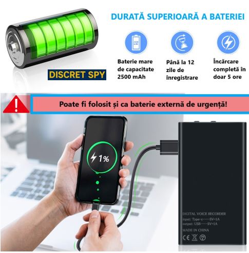 Baterie externă cu reportofon ascuns MZ006, memorie 32GB, autonomie înregistrare 300 ore, acumulator 2500mAh - imagine 4
